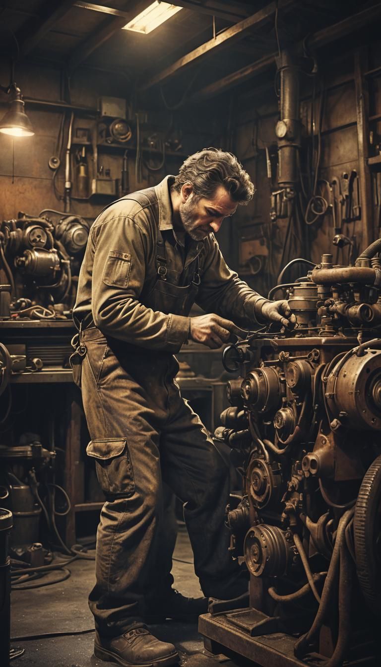 Gruff Mechanic Repairs Engine in Dimly Lit Garage