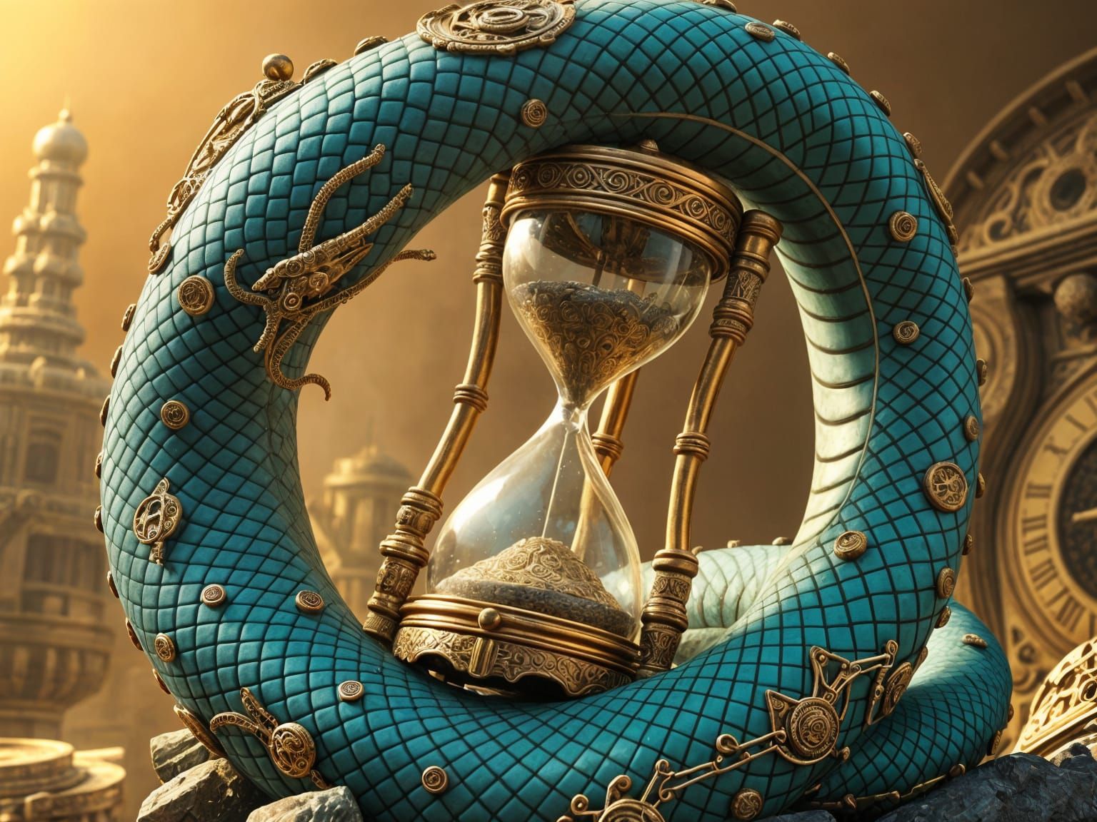 Clockwork Serpent Coiled Around Hourglass