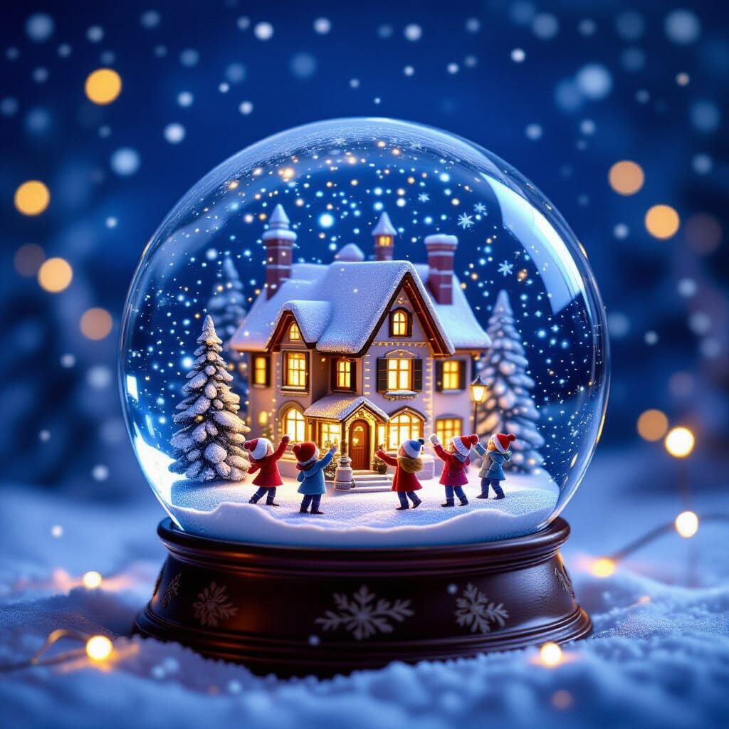 Christmas Town Snow Globe with Children Playing in Painterly...