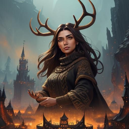 Girl with Antlers in City, Detailed Digital Art