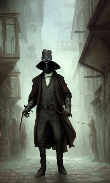 Plague Doctor in Abandoned Steampunk City