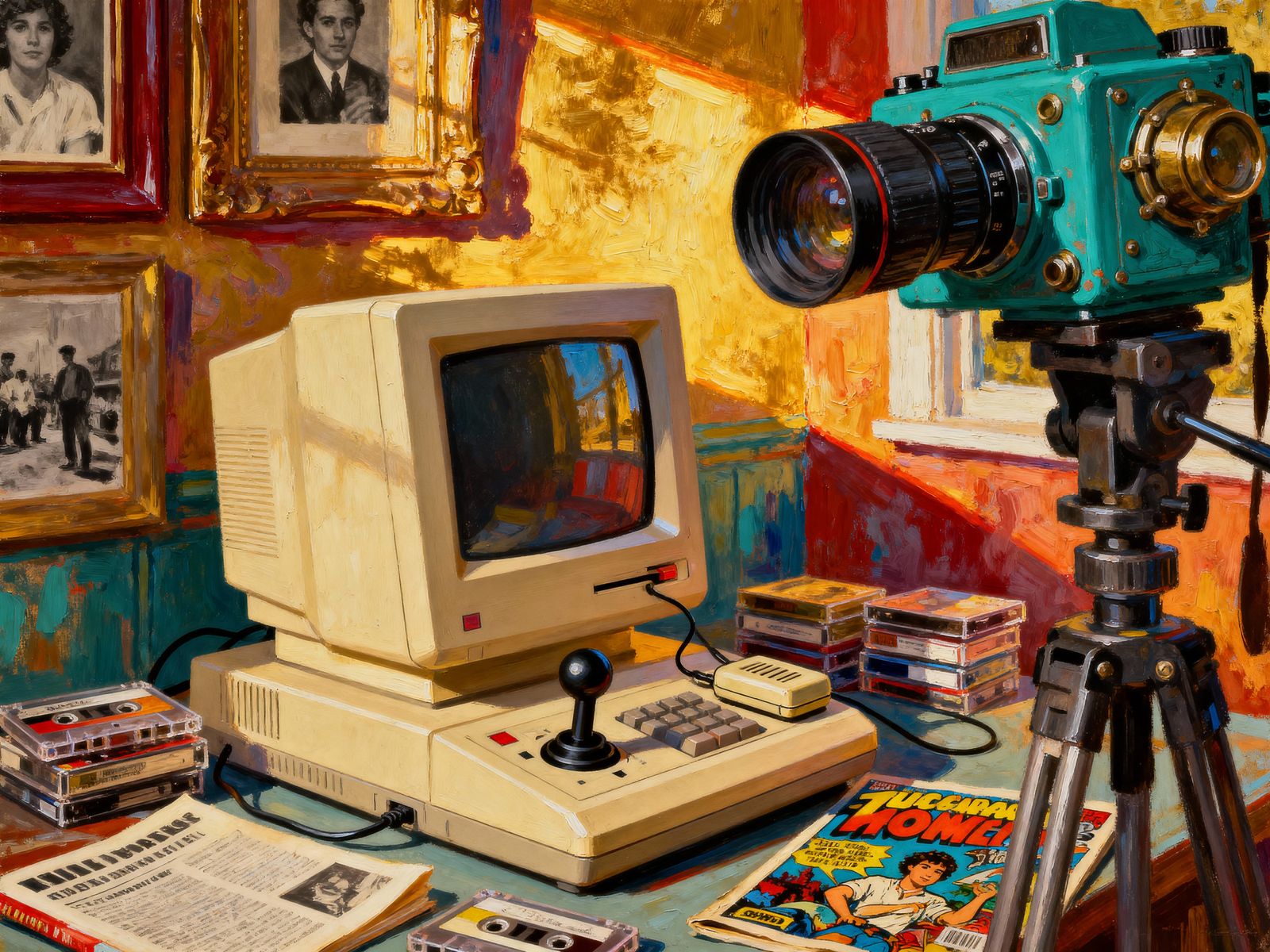 Vintage Computer Scene with Steampunk Camera in Oil Painting...