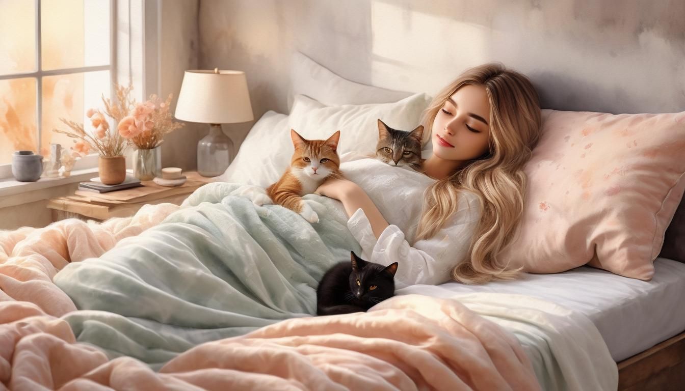 Cozy Girl and Cats in Watercolor Style