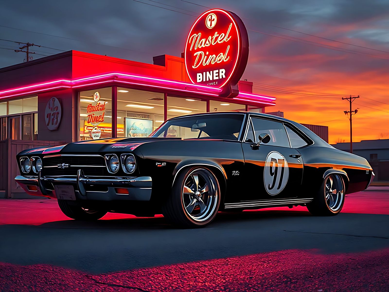 Sleek Hyper-Realistic Lowrider Impala SS Under Neon Diner Gl...