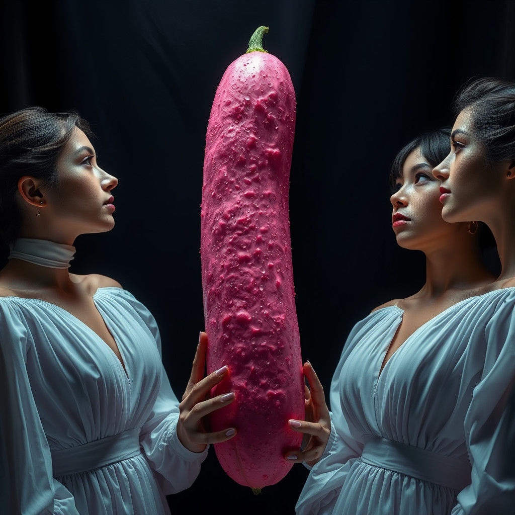 Women Admire a Pink Cucumber in Hyperrealistic Style