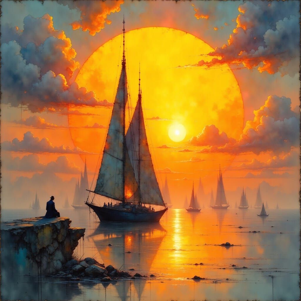 Silver Yacht Sails Against a Vibrant Orange Sunset in Modern...