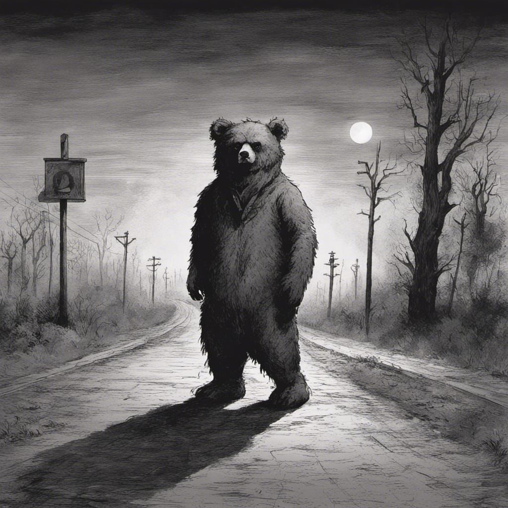Evil Teddy Bear on Desolate Road, Horror Art