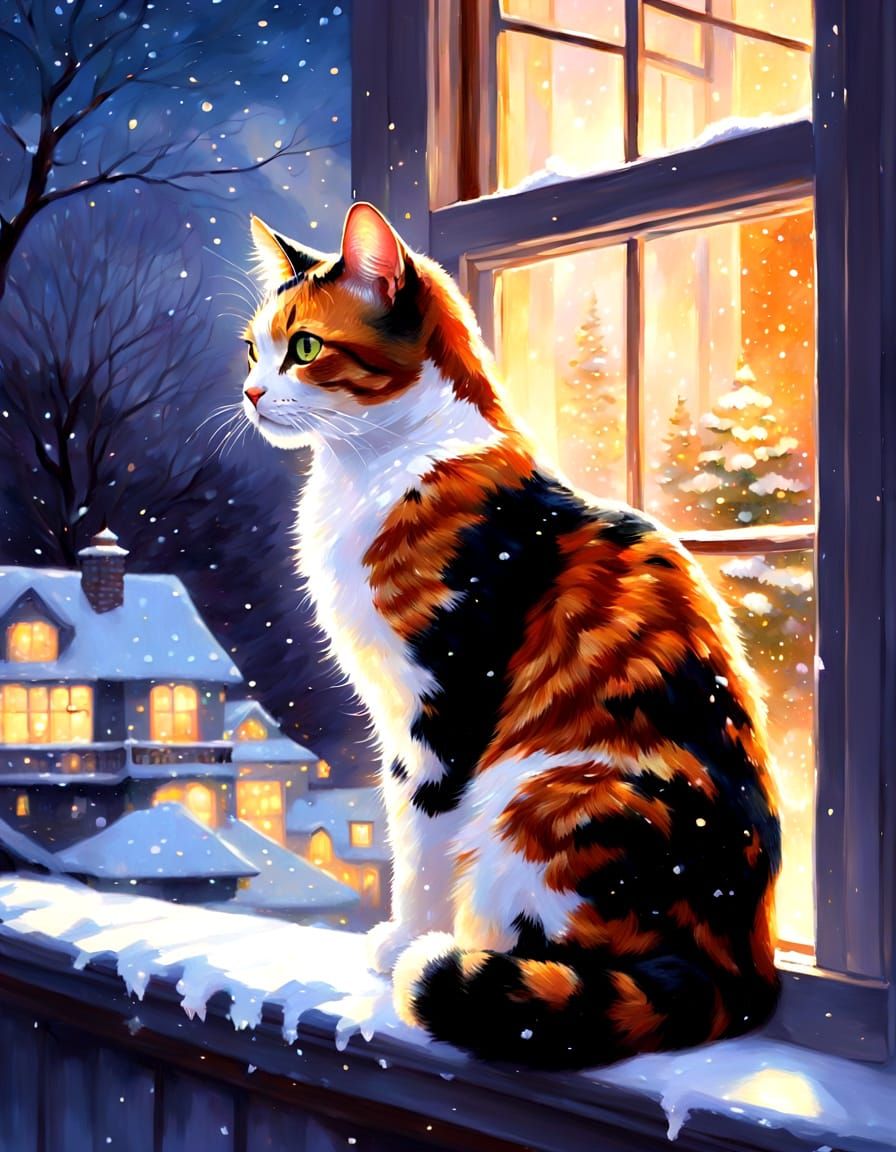 Calico Cat Gazes at Snowy Wonderland by Candlelight