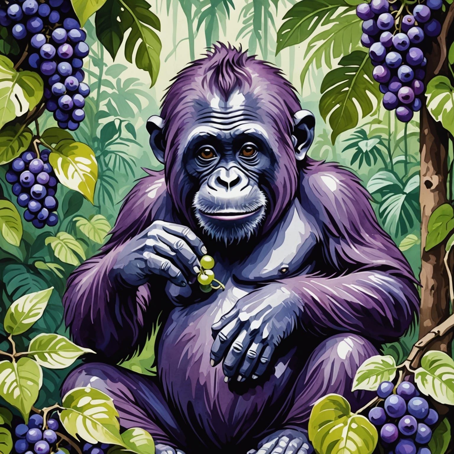 Chibi Orangutan Enjoys Grapes: Gouache Watercolor Art