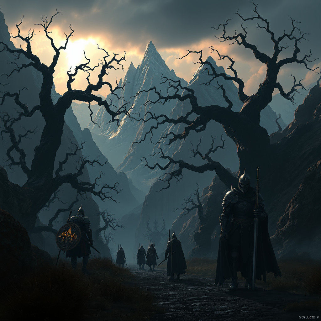 Majestic Knights in Dark Fantasy Landscape