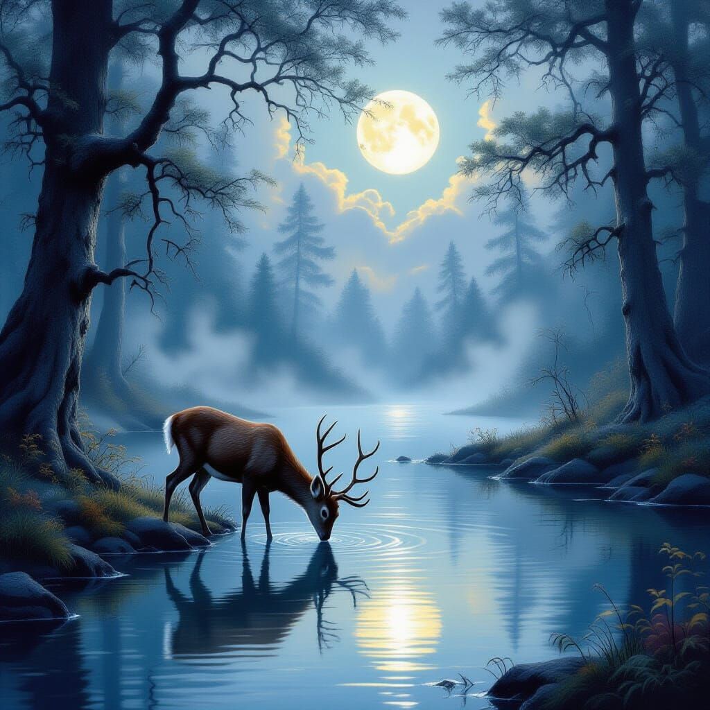 Moonlit Deer at Mystical Forest Lake