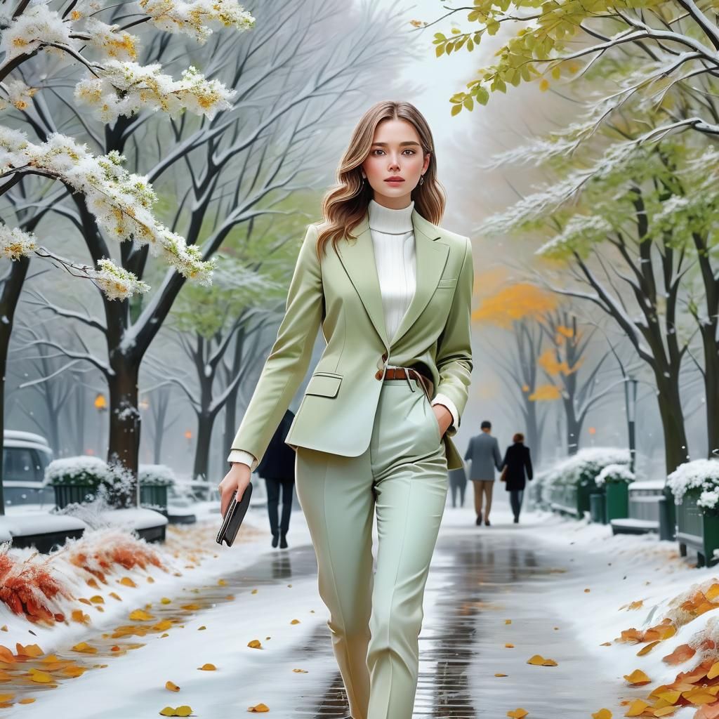 Woman Walks Through Seasons: Hyperrealistic Digital Art