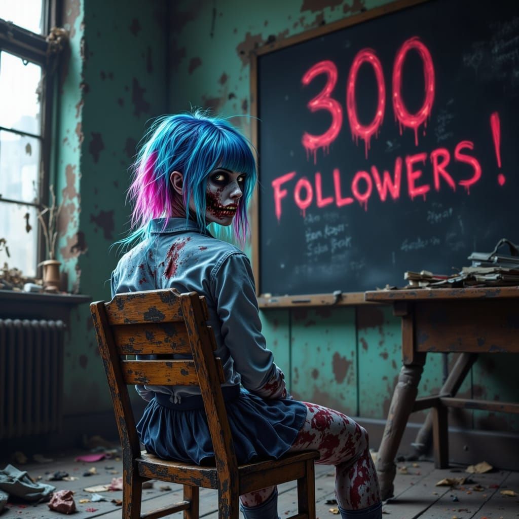 Electric Blue Zombie in a Dilapidated Classroom