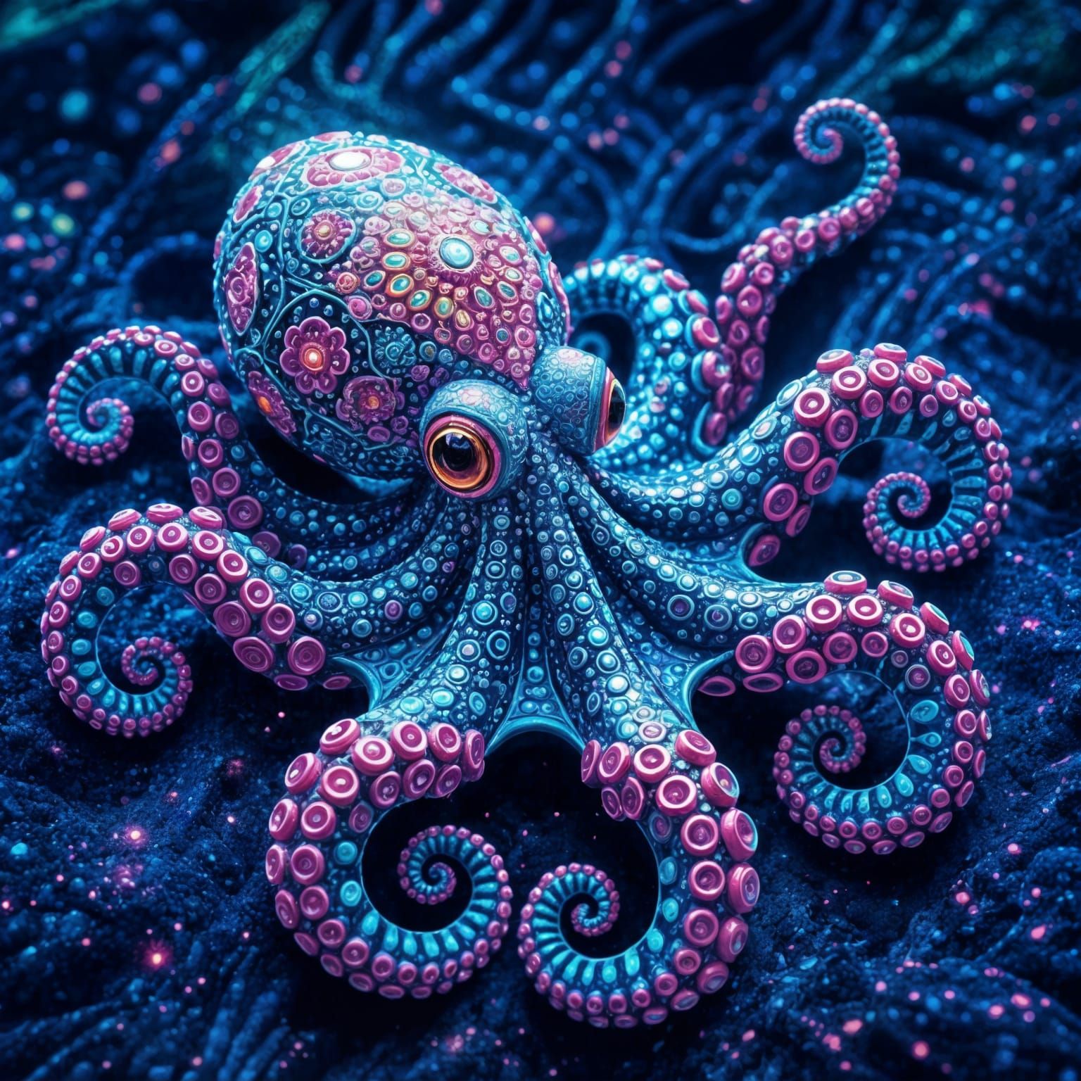 Psychedelic Bejeweled Octopus in Fractal Art Style