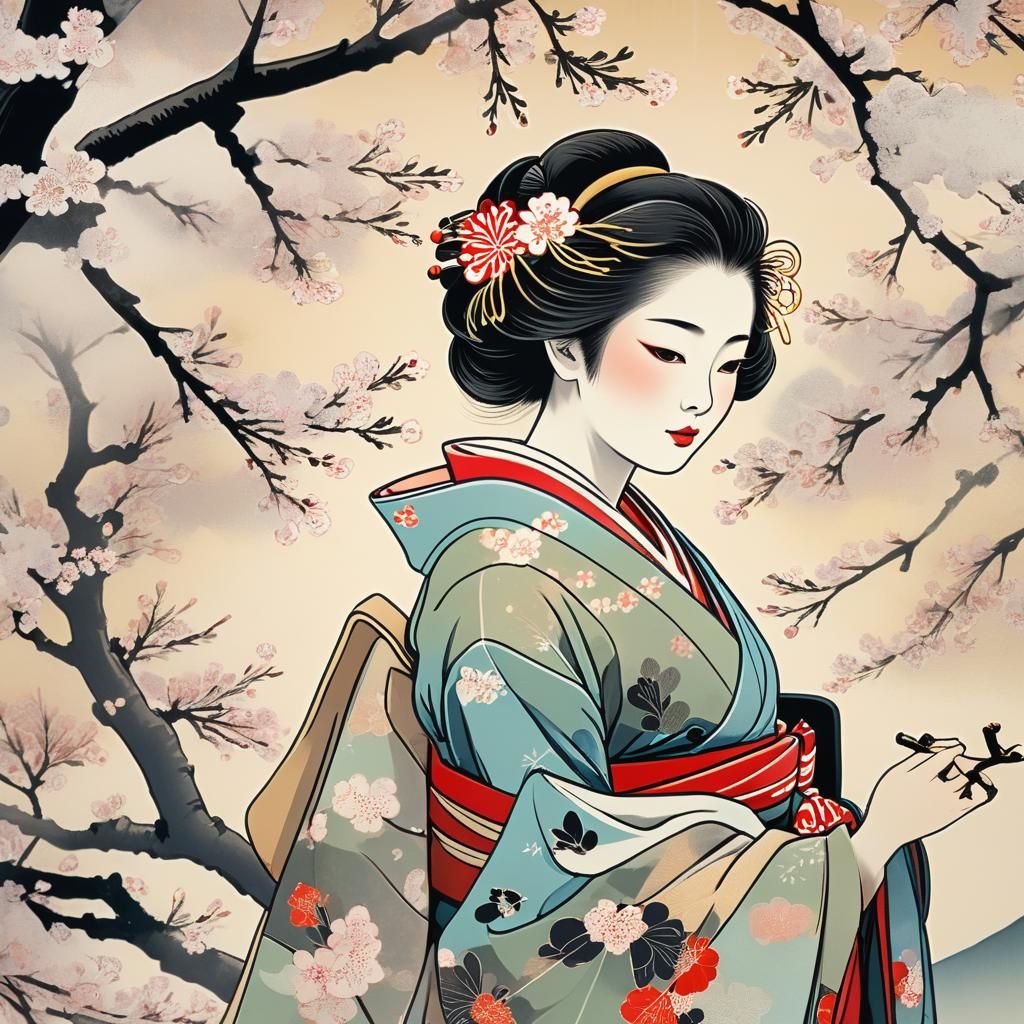 Geisha Under Cherry Tree in Ukiyo-e Style