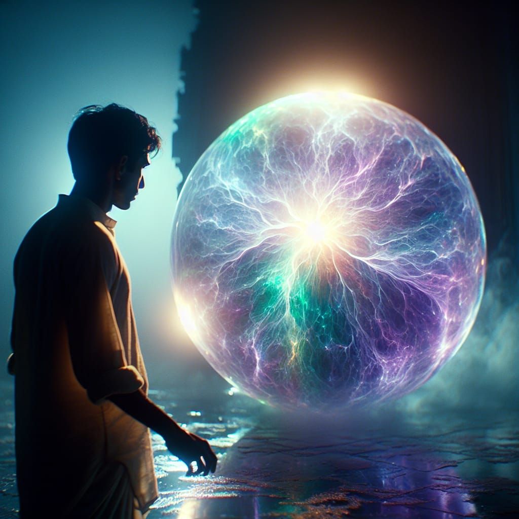 Man Approaches Iridescent Orb Transforming into Building