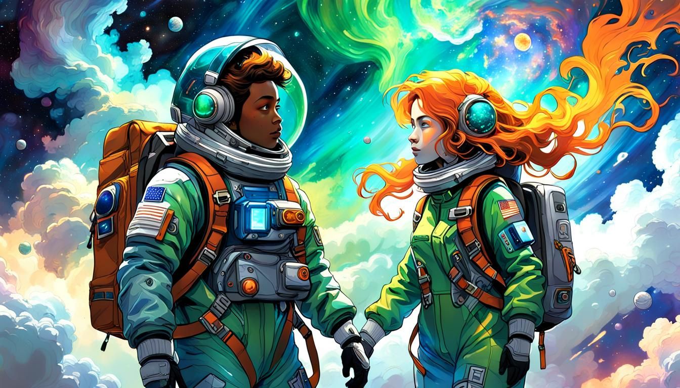 Children in Spacesuits Amidst Cosmic Clouds, Digital Art