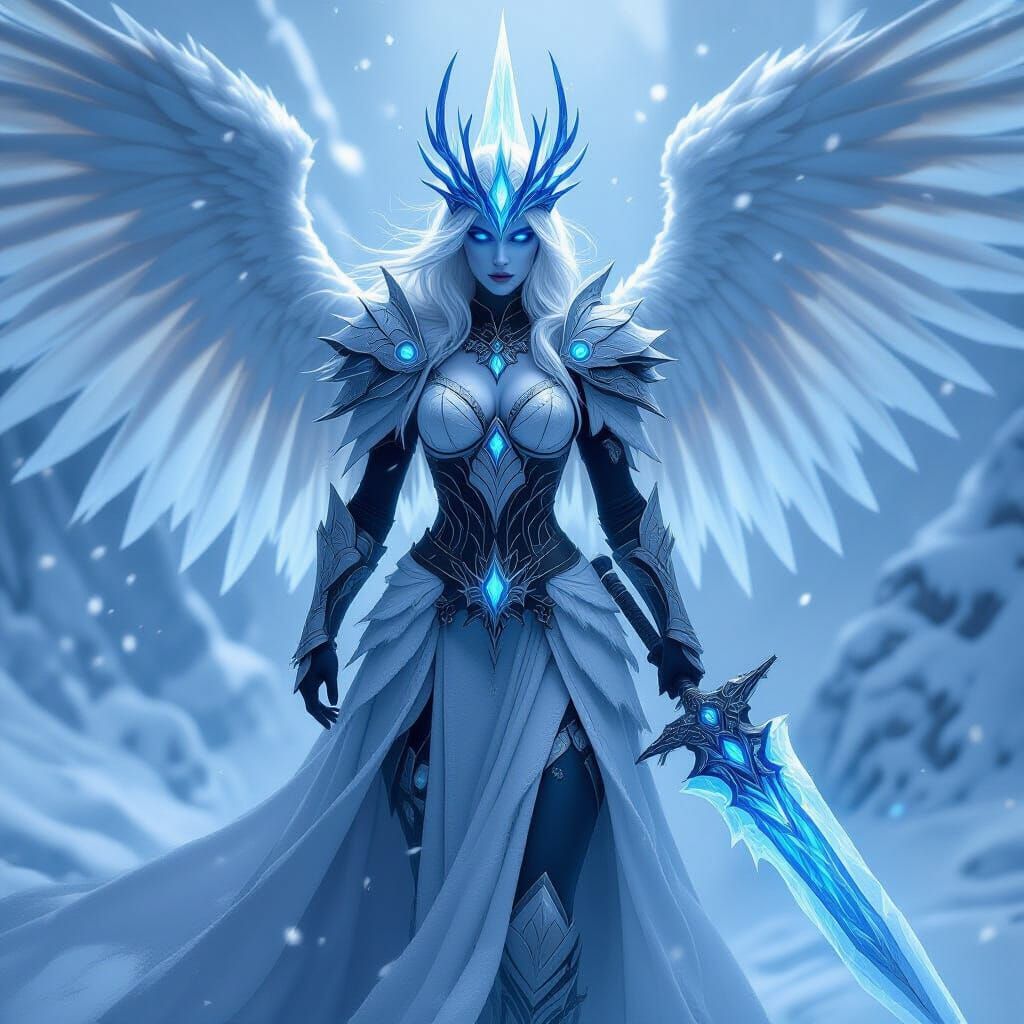 Frostmourne Valkyrie in Ice Armor, Hyperrealistic Fantasy Ar...