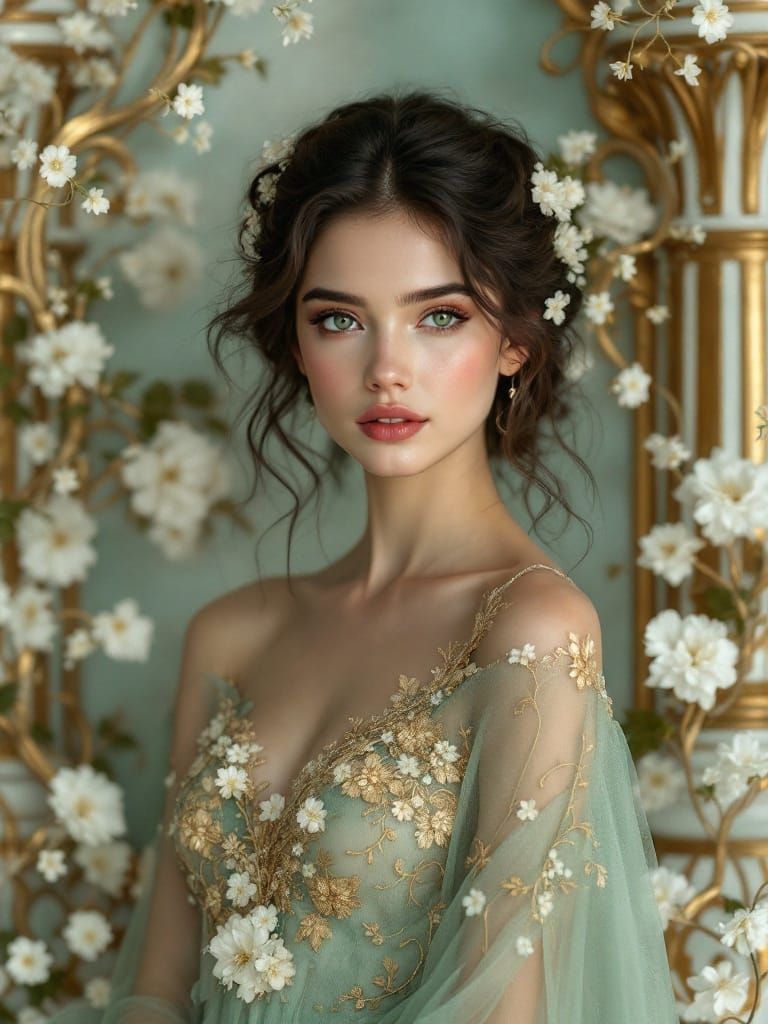 Ethereal Elegance: Dark Goddess in Green Embroidered Gown