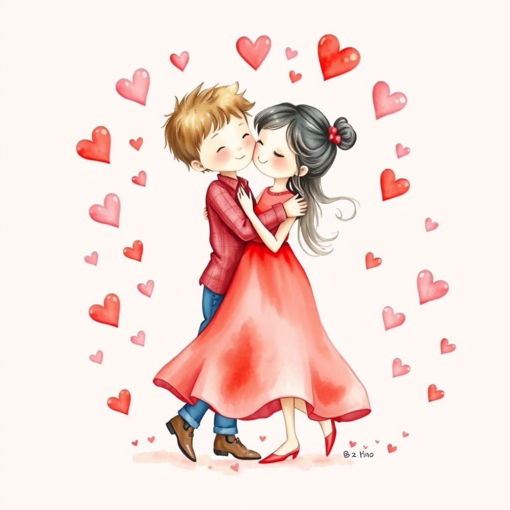 Whimsical Valentine's Day Card Scene in Watercolor Style