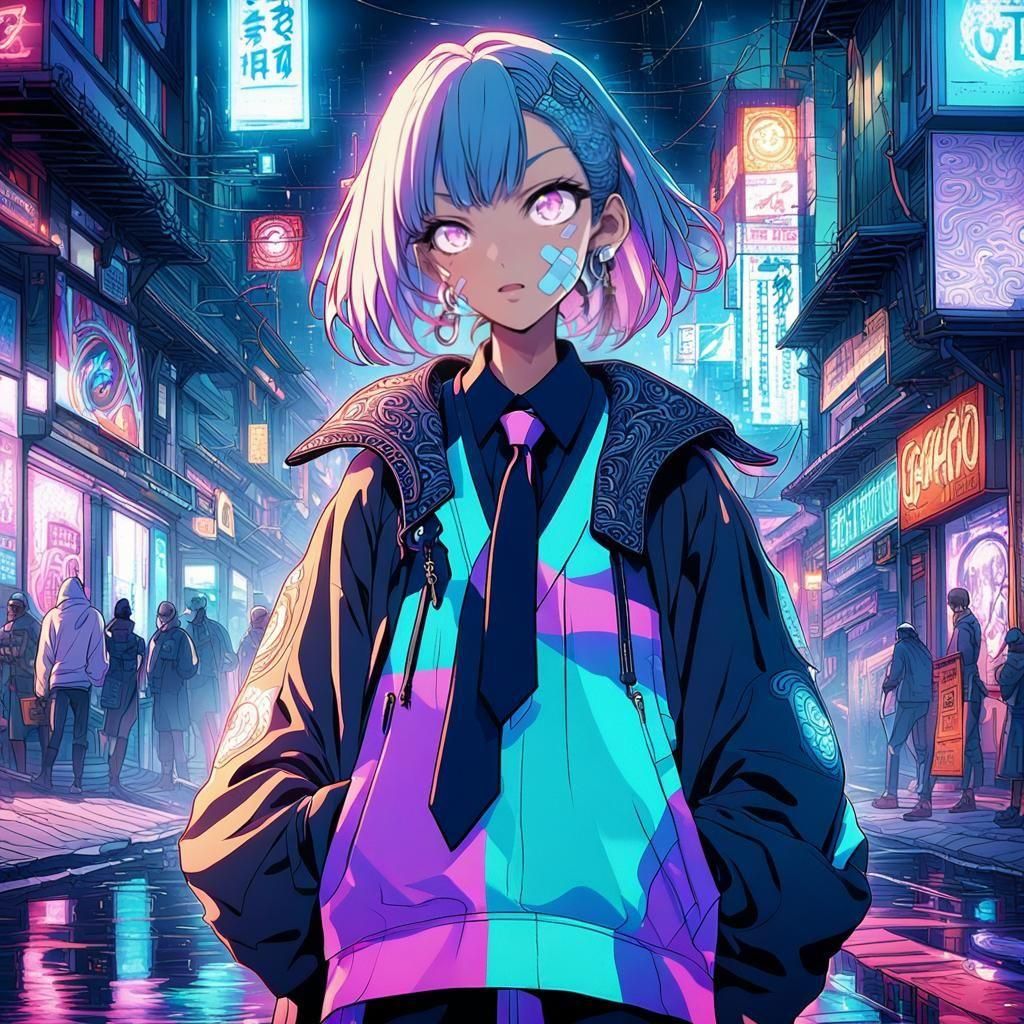 Cool Girl with Bandaid and Necktie in Anime Style