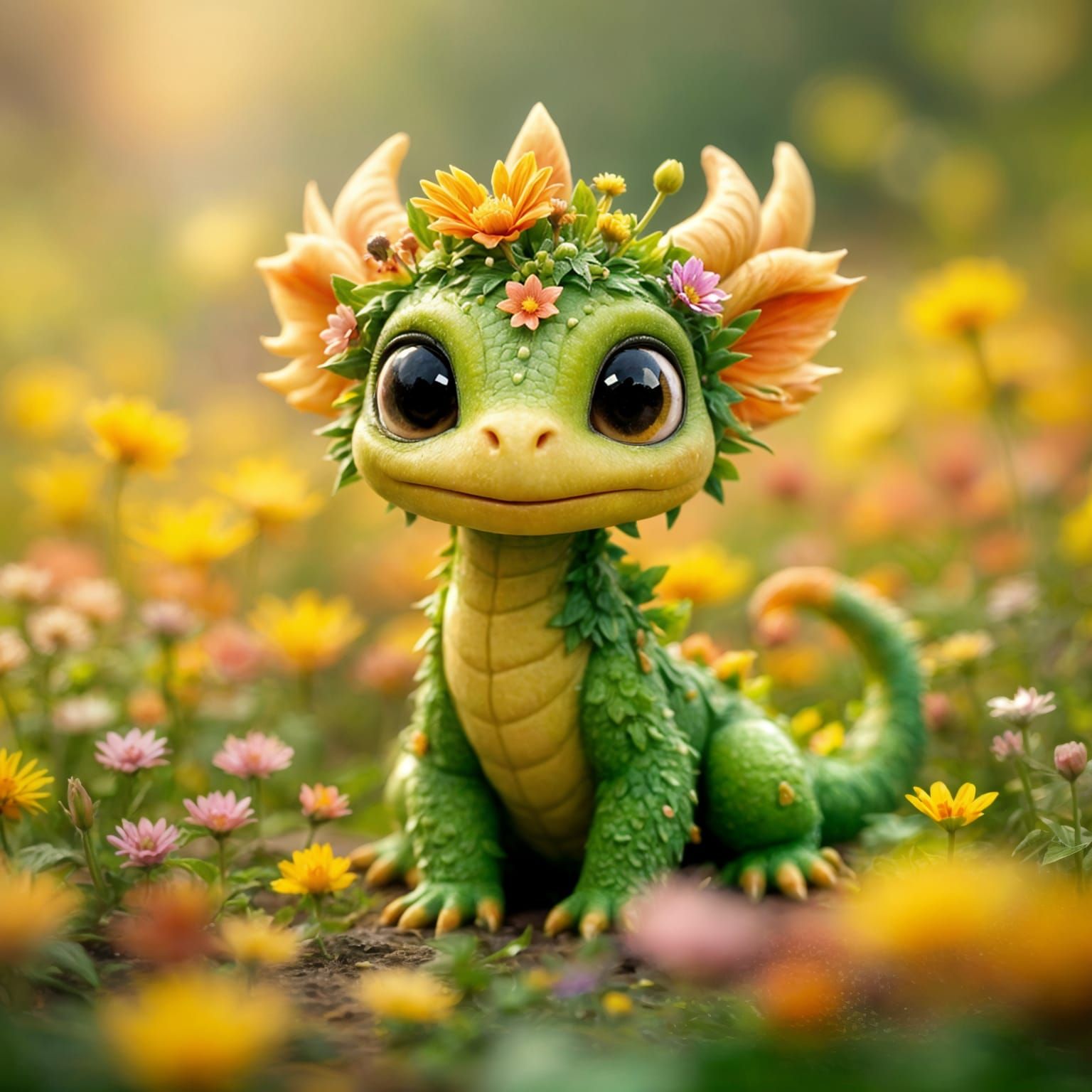 Whimsical Floral Dragon in a Vibrant Wildflower Meadow