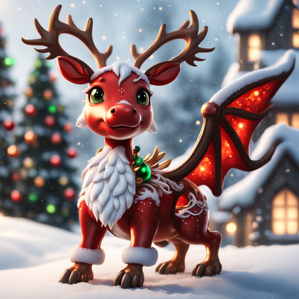 The beautiful final render of an adorable chibi winged Reindeer dragon, perfect limbs, masterful dragon, (Santa's sleigh...