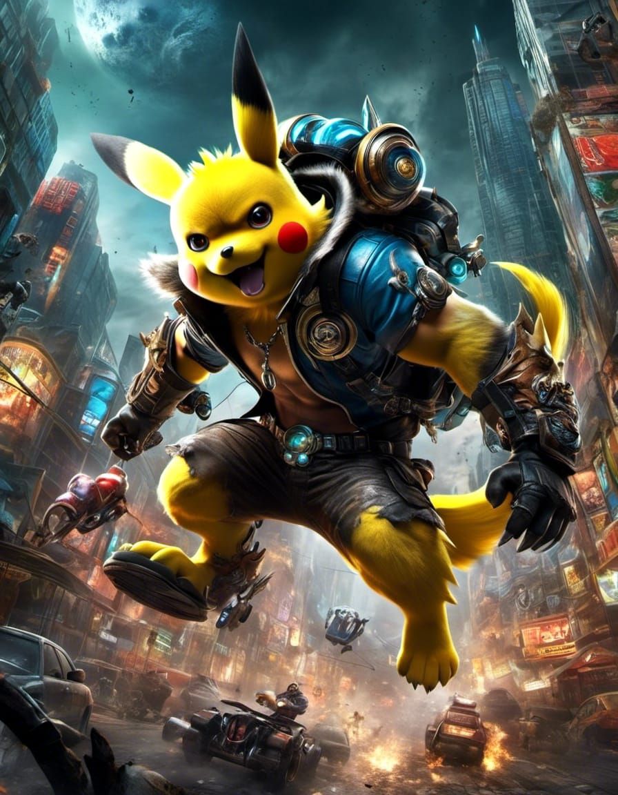 Werewolf Pikachu Close-Up in Apocalyptic Cityscape