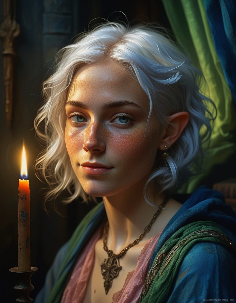 Elf Woman in Candlelit Chapel Oil Painting