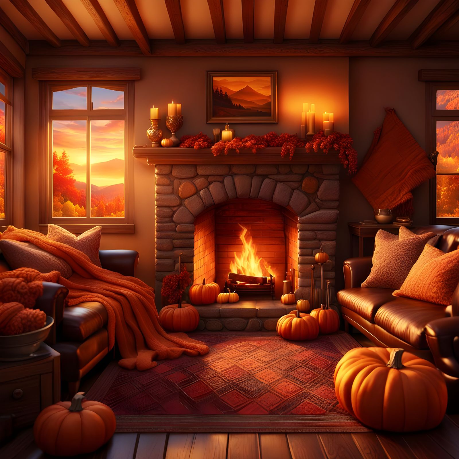 Cozy Autumn Home Interior at Sunset