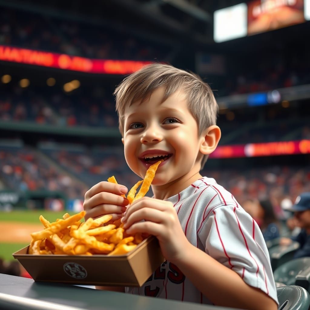 Happy Kid Eating Nachos at Baseball Game