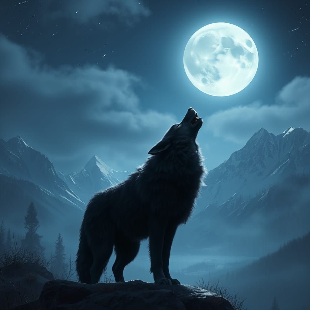 Black Wolf Howling at Moonlit Landscape