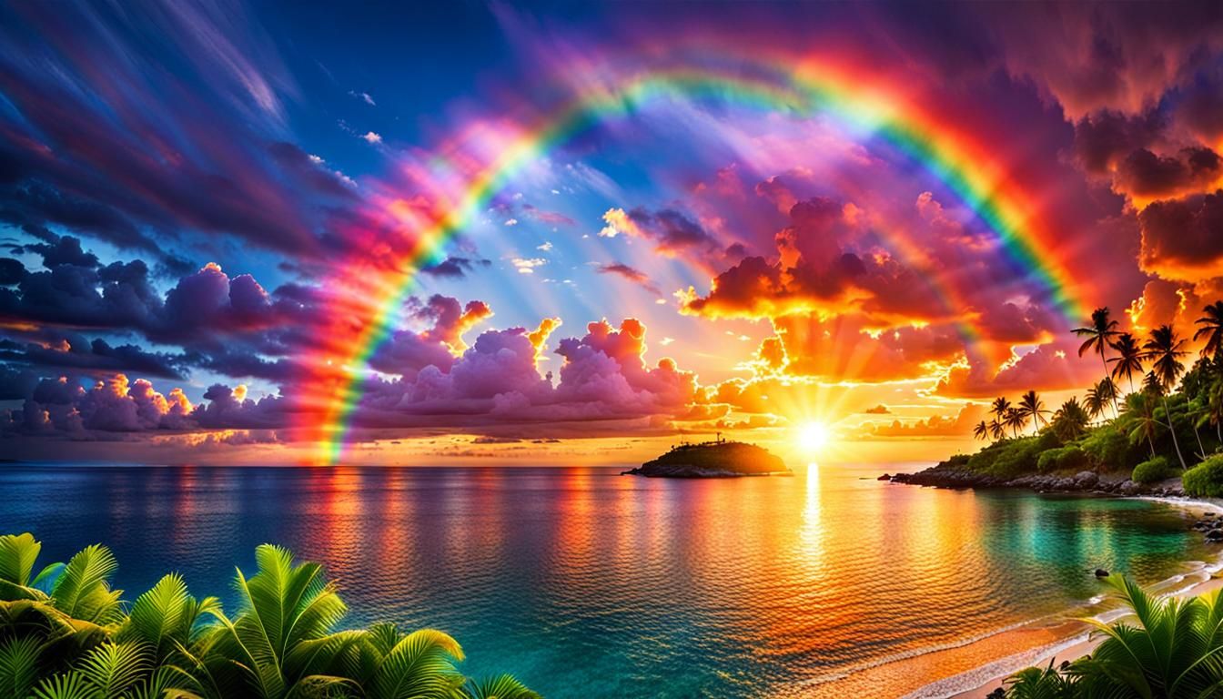 Island Sunset with Rainbow Sky