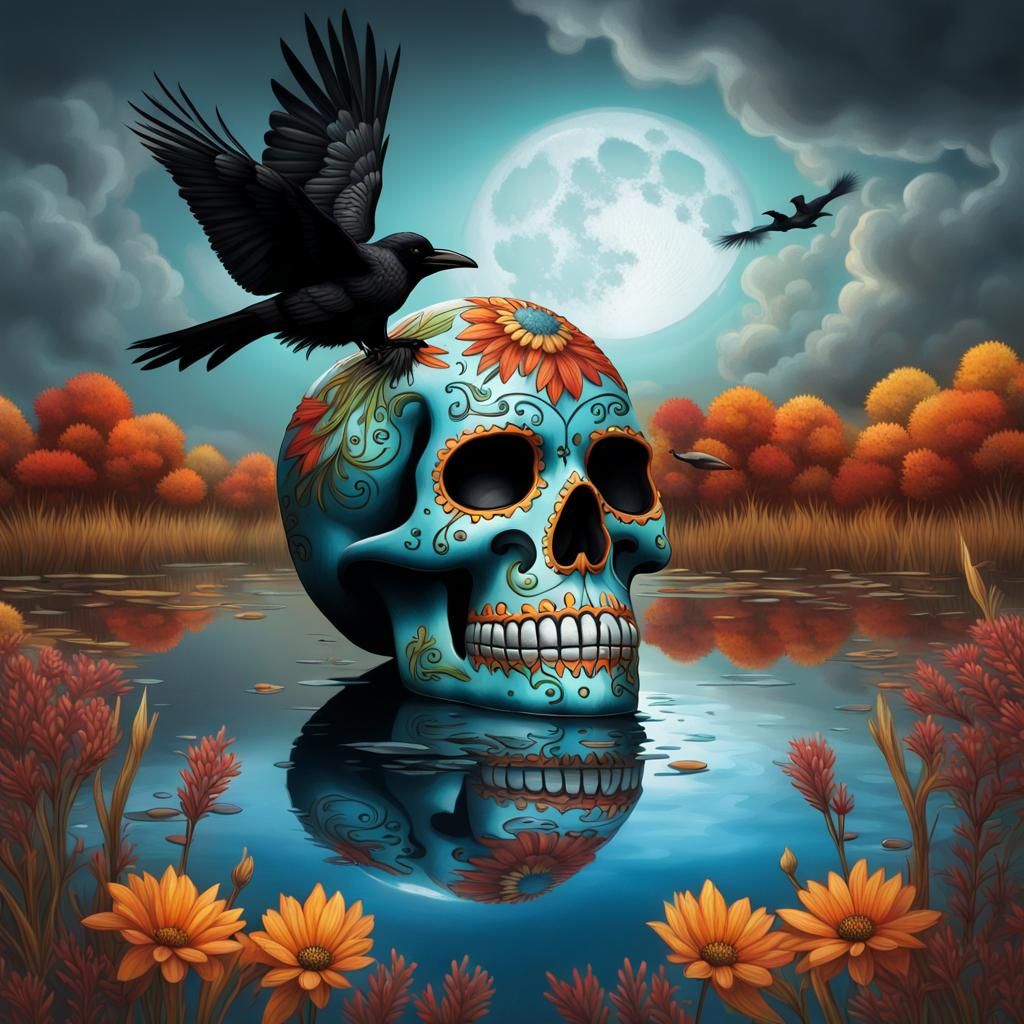 Turquoise Sugar Skull in Autumn Pond: Digital Art
