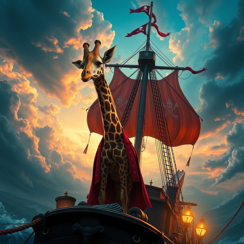 Giraffe Pirate Captain on Mystical Ship, Digital Matte Paint...