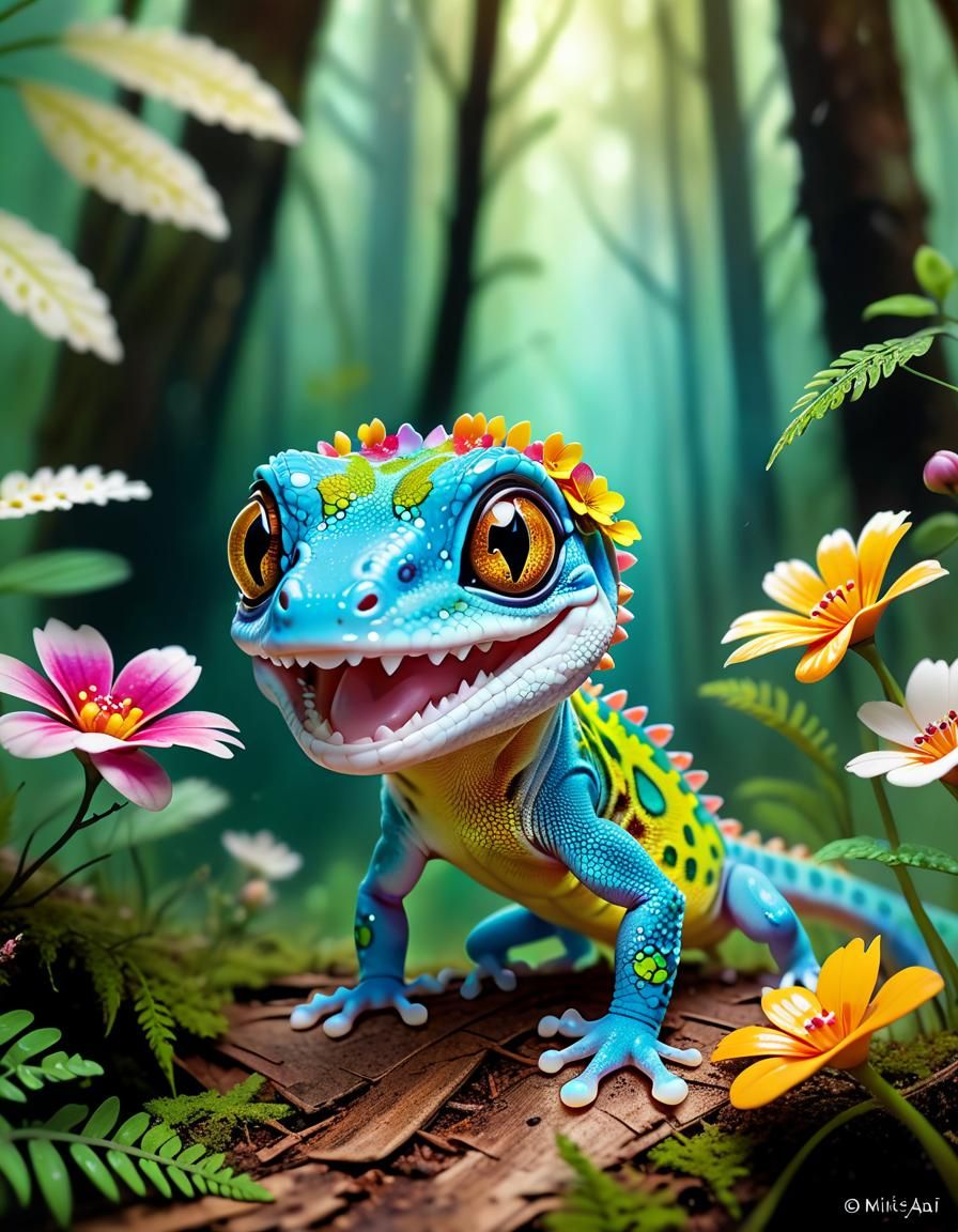 Chibi Gecko Smiles in Wes Anderson Style Forest