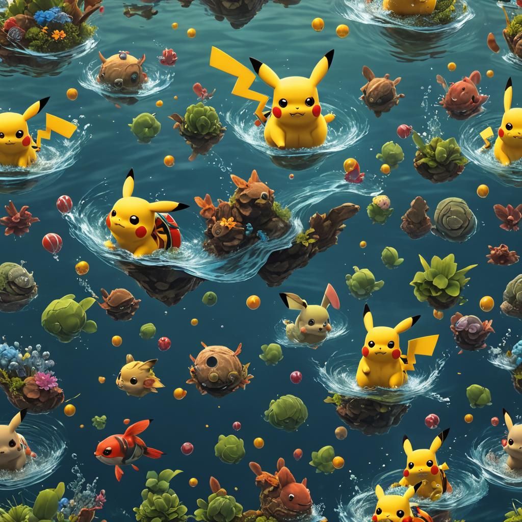 Pikachu and Squirtle Swimming in Detailed Digital Art