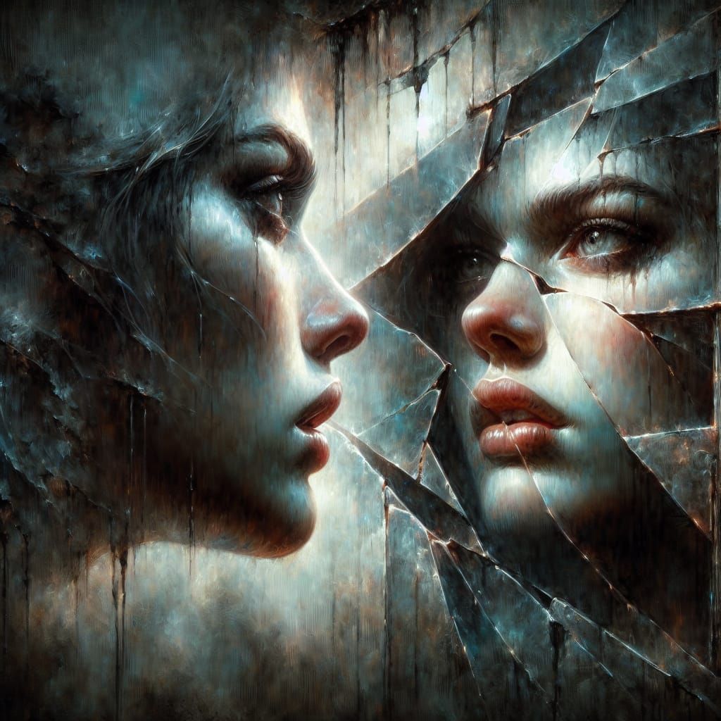 Woman's Tragic Beauty Reflected in Broken Mirror