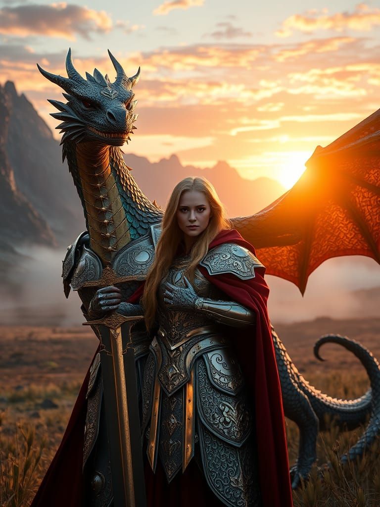 Epic Medieval Warrior and Dragon in Sunset Glory
