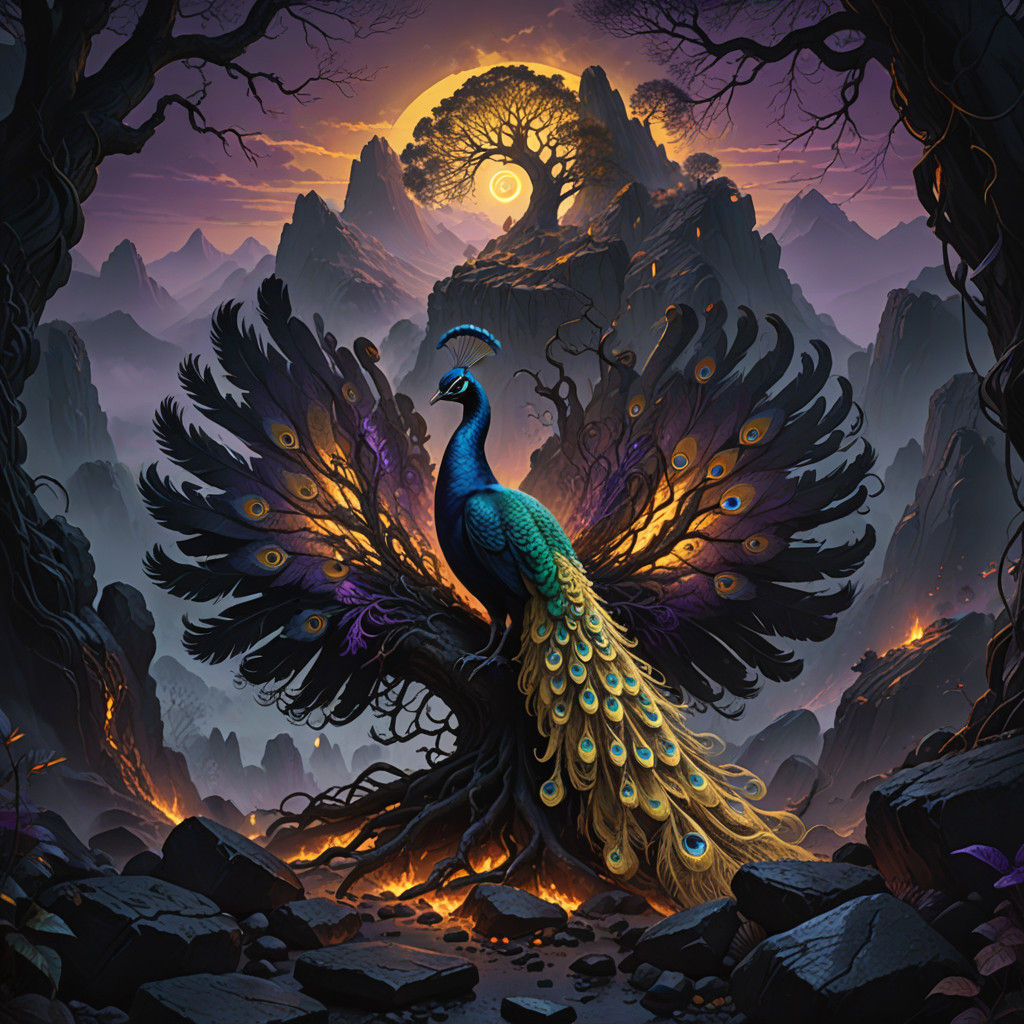 Majestic Hybrid Peacock Descends into a Dark, Baroque Abyss