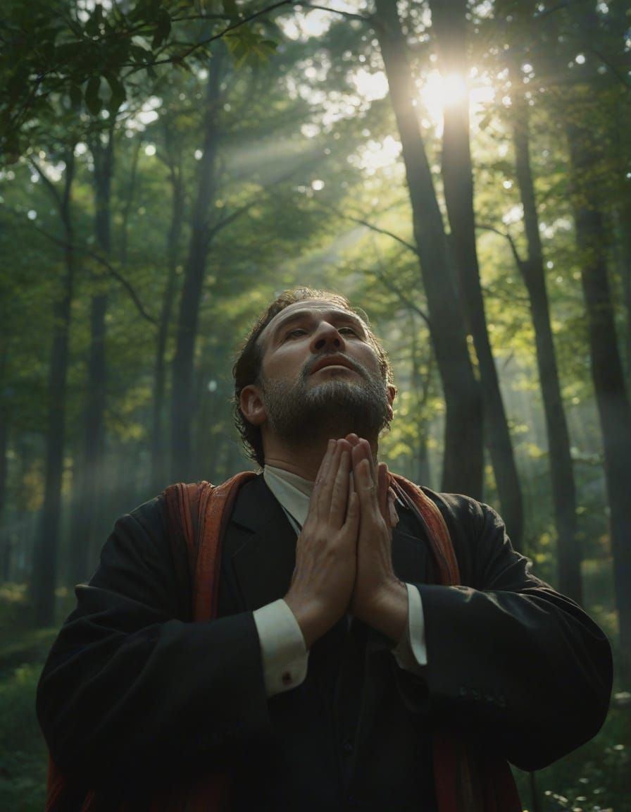 Orthodox Jew Prays in Vibrant Forest Landscape