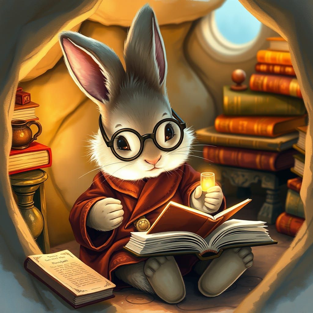 Classic Children's Book Style Baby Rabbit Reading by Firefly