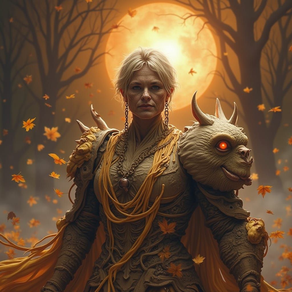 autumn threads unwind woven silence at her feet wind forgets her name; halfhearted fanged beast, in the art style of Vic...