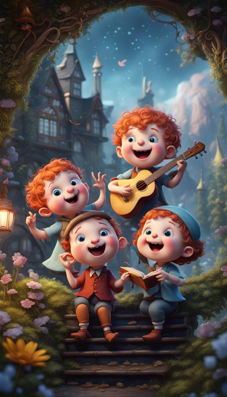 Happy Children Singing Nursery Rhymes in Detailed Matte Pain...