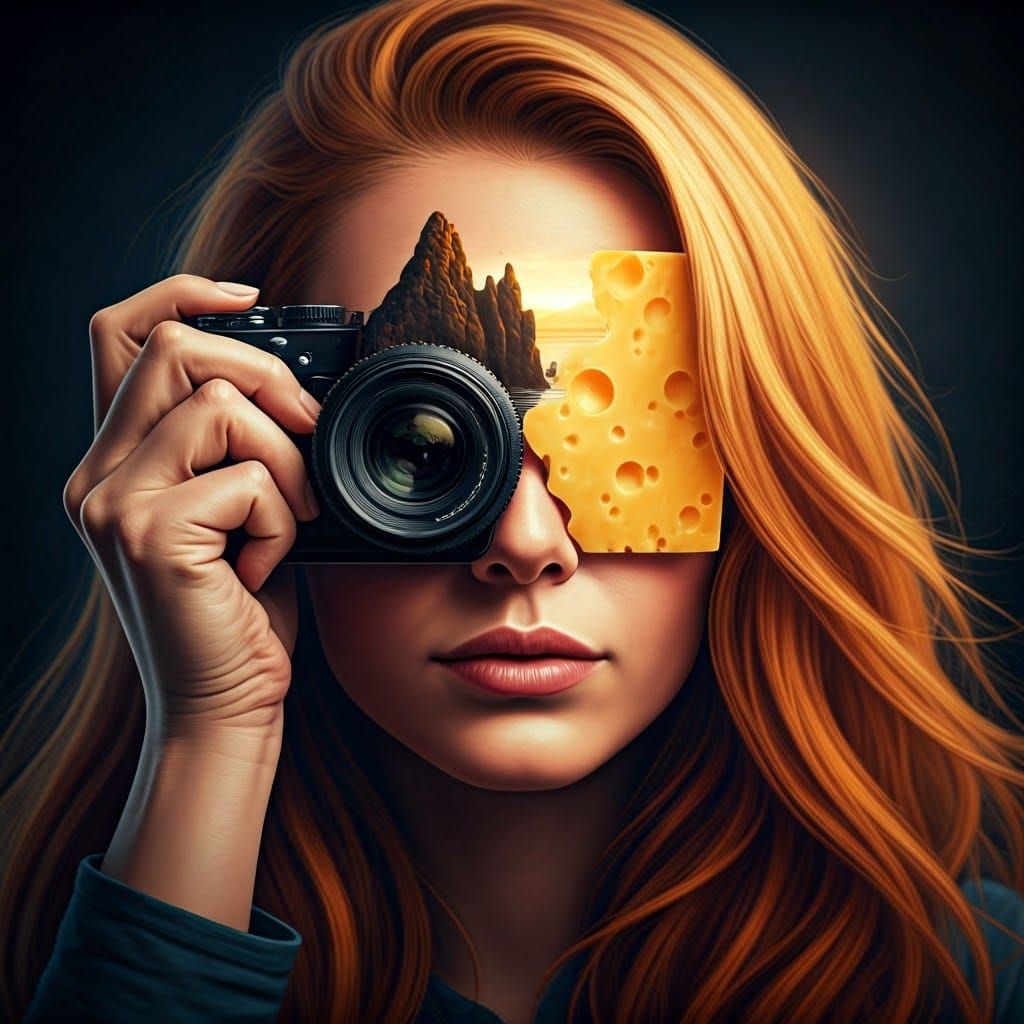 Surreal Double Exposure: Cheese Camera and Beach Portrait