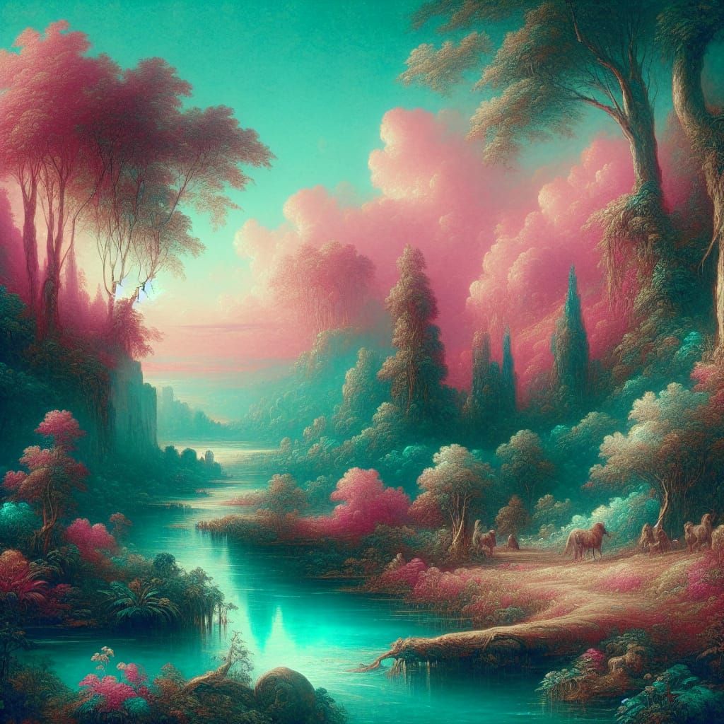 Lush Pink and Teal Landscape Oil Painting