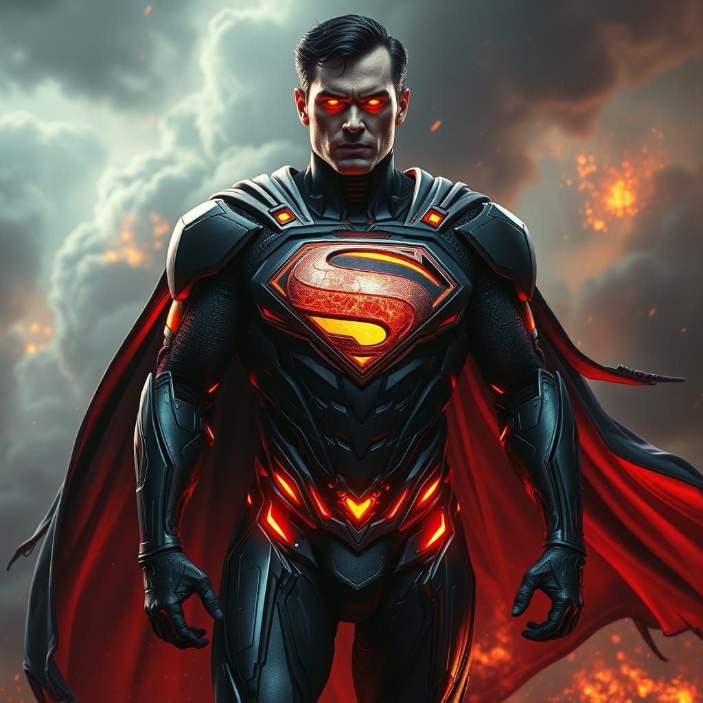Cybernetic Superman in Dark Metallic Armor with Glowing Red ...