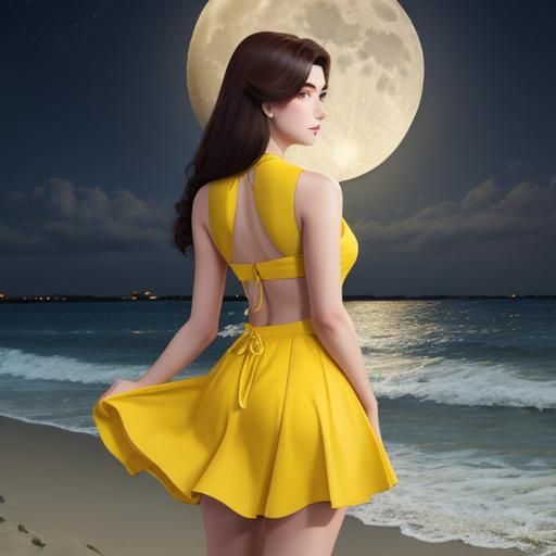 Princess Belle Back View on Beach Under Moonlight
