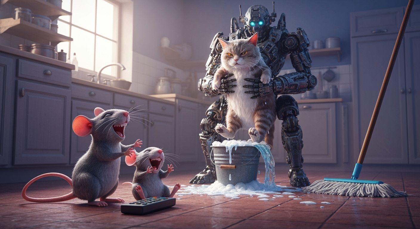 Mice Play with Robot Remote in Futuristic Kitchen