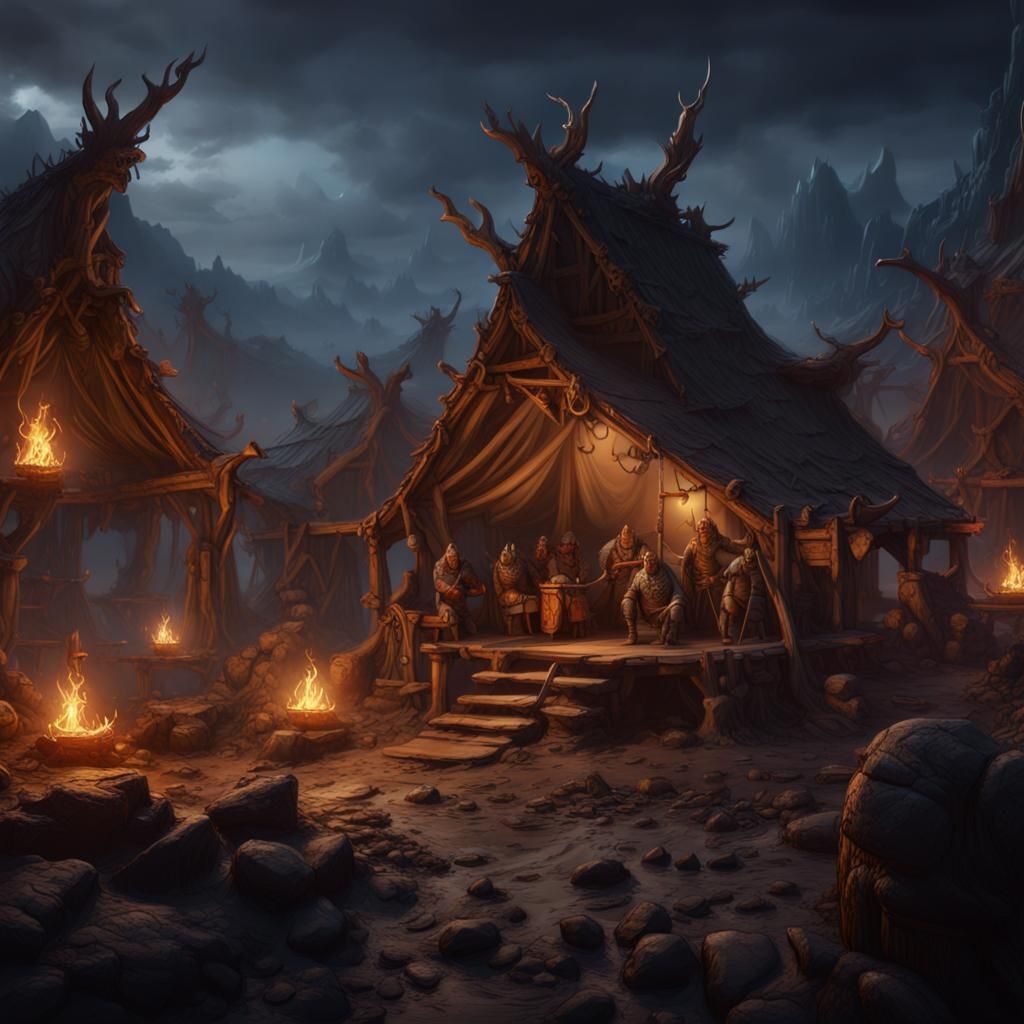 Orc Camp at Night: Detailed Fantasy Concept Art